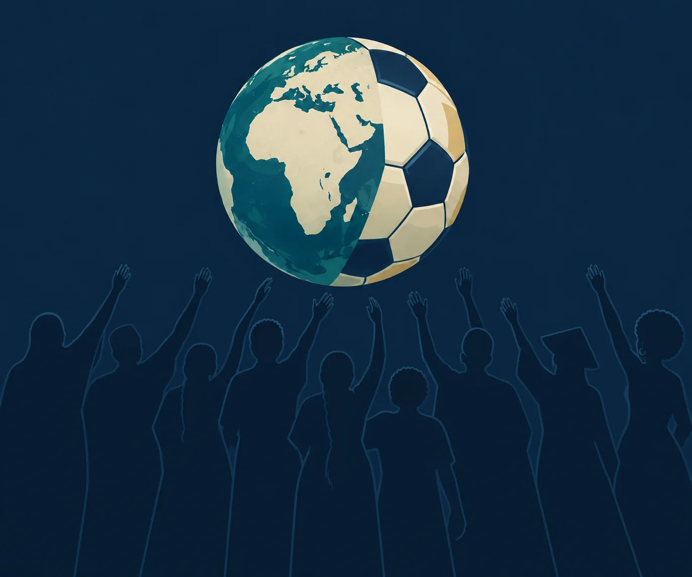People in traditional attire lifting their hands towards a globe that is half Earth and half football